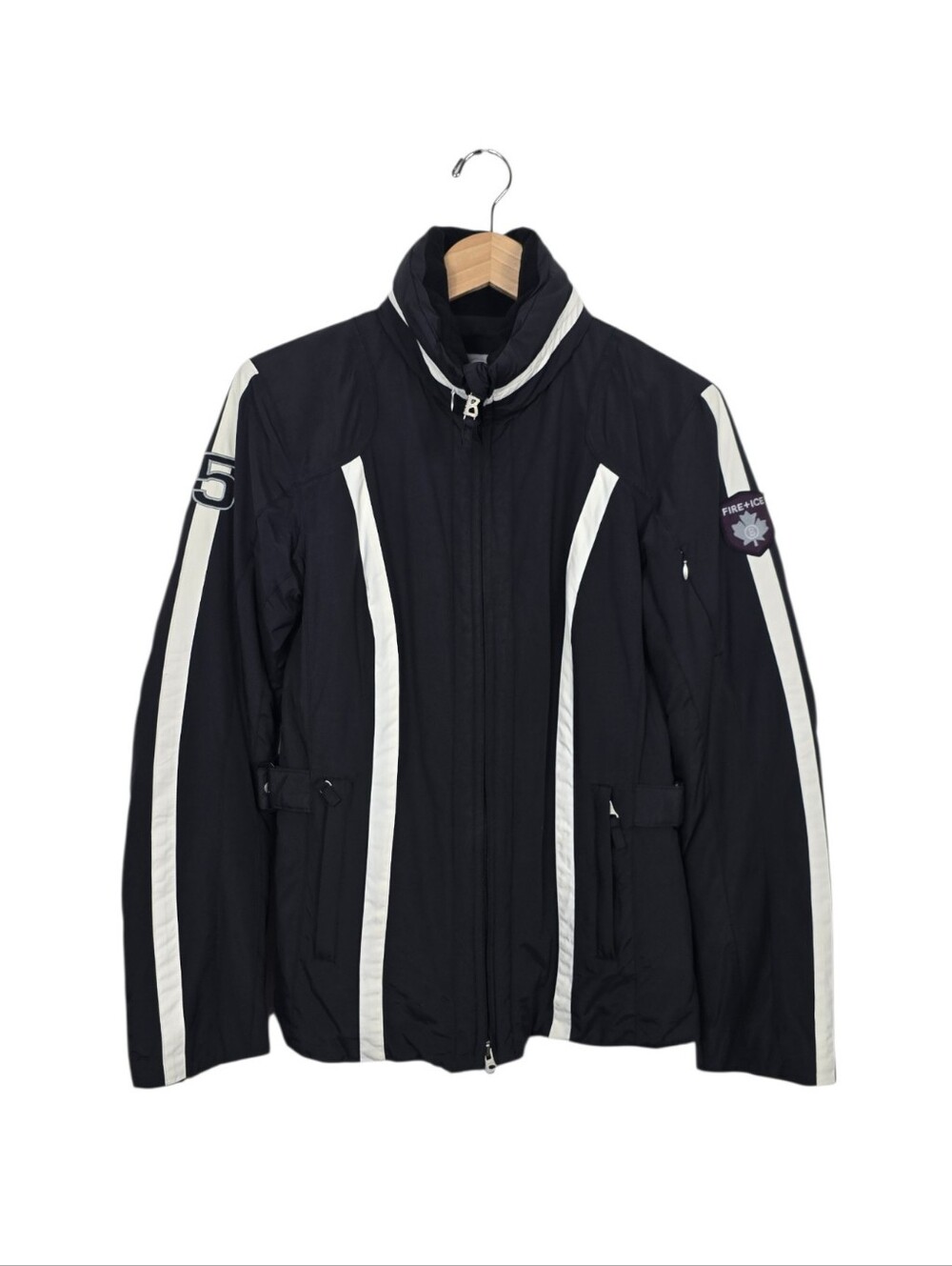 Bogner Fire & Ice Racing Stripe Ski Jacket Stowaway Hood Black White Women's 6